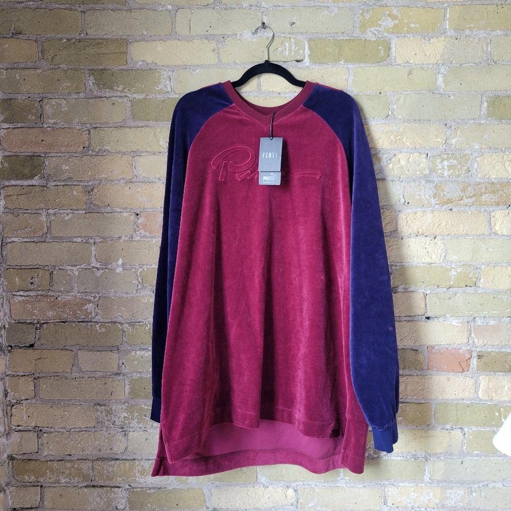 NWT Puma x Fenty Rihanna Velour Oversized V-Neck Pullover Wine Navy Size XL